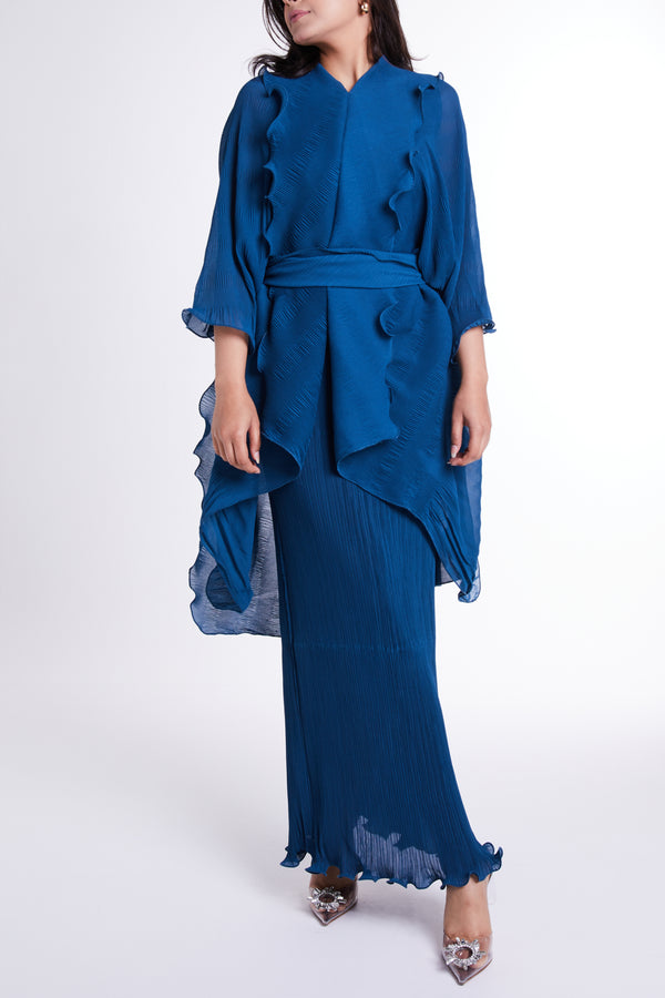 Blue Slip Dress with Outer Flared Layer & Self-tie Belt