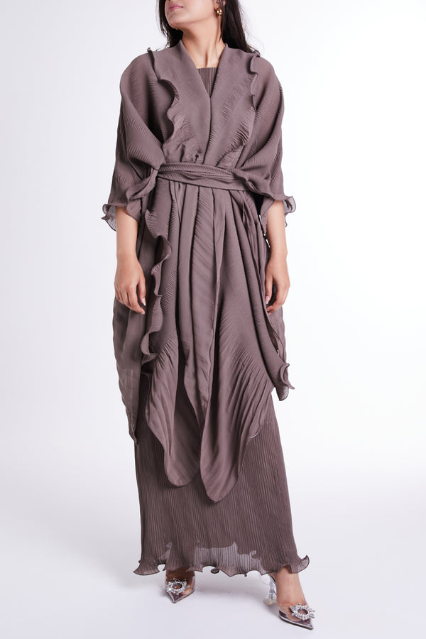 Sandy Beige Slip Dress with Outer Flared Layer & Self-tie Belt