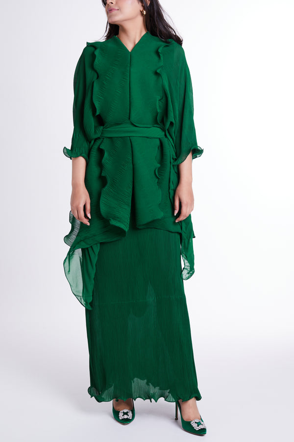 Green Slip Dress with Outer Flared Layer & Self-tie Belt