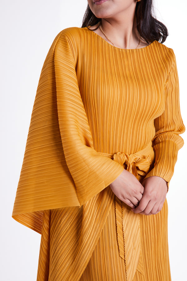 Mustard Flared Sleeve Dress with Self-tie Belt