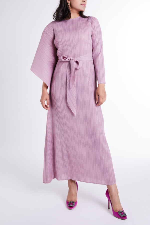 Pink Flared Sleeve Dress with Self-tie Belt