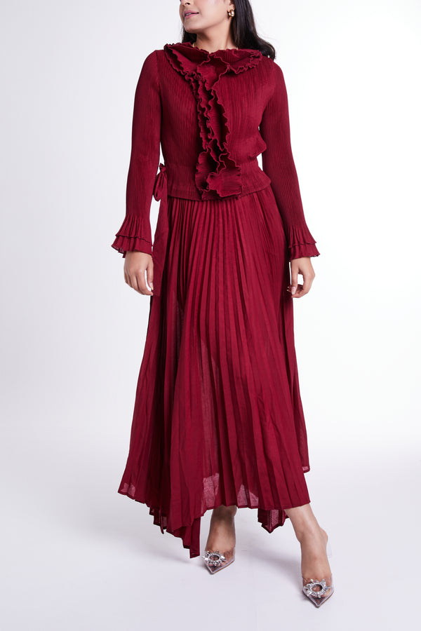 Maroon Floral Detail Dress with Self-tie Belt