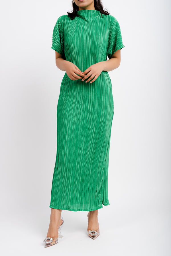 Bright Green Crinkle Dress with Batwing Sleeves