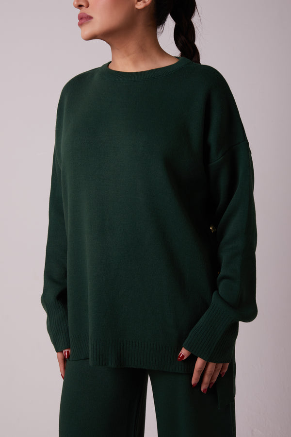 EMERALD KNITSET WITH GOLD BUTTONS