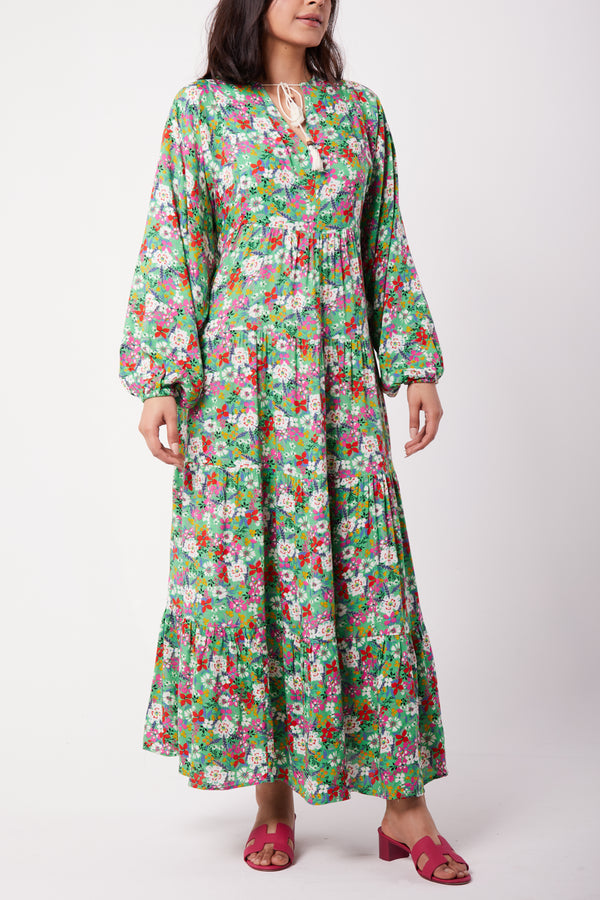 Green Floral Dress with Blouson Sleeves