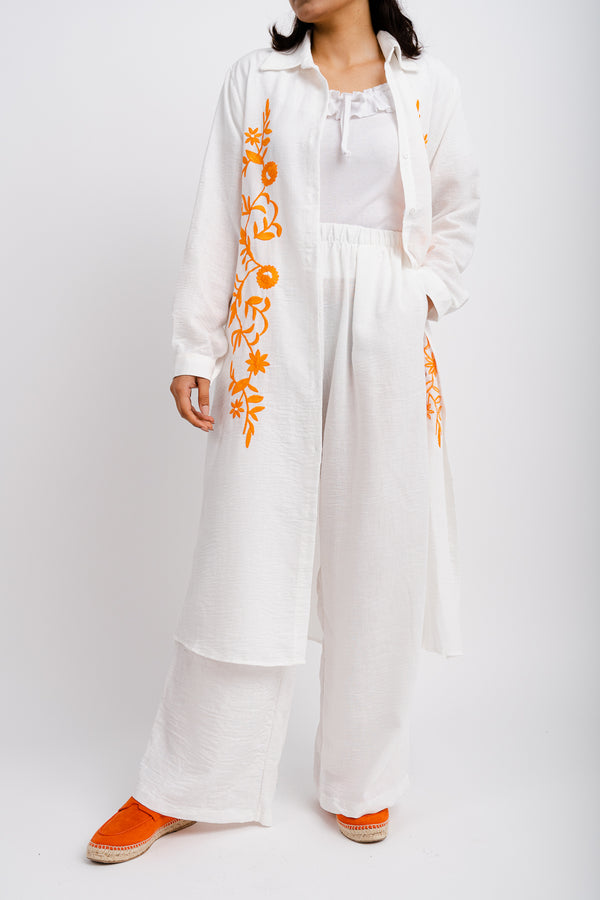 WHITE LONG SHIRT SET WITH ORANGE FLORAL EMBROIDERY